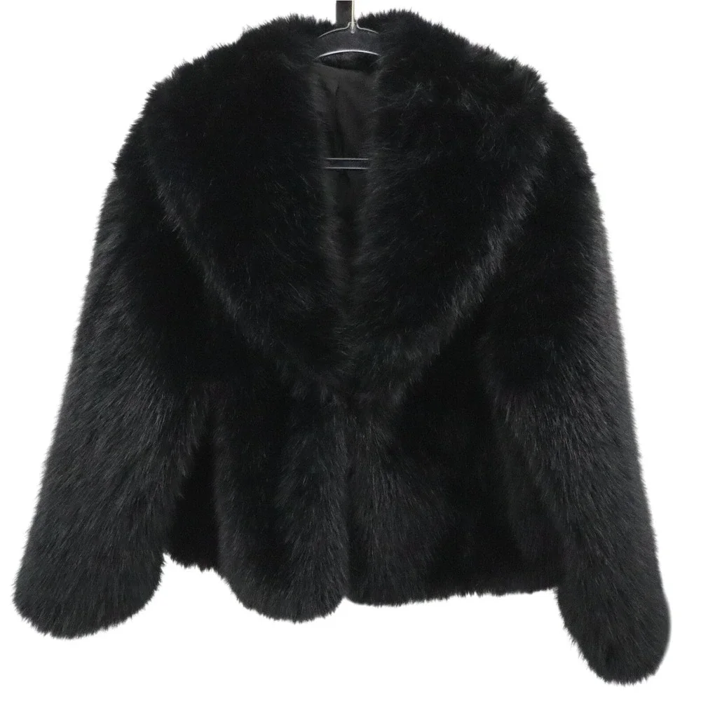 NWT Commense Black Faux Fur Cropped Jacket Shawl Collar Coat M - Picture 2 of 8